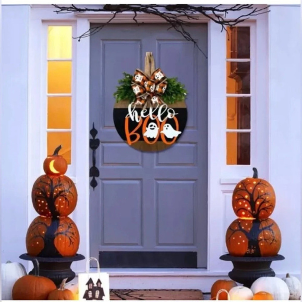 Hello Boo Ghost Halloween Wooden Door Hanger Fall Porch Wreath 12" NWT